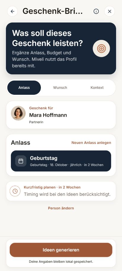 Ausgefülltes Geschenk-Briefing für Maras Geburtstag