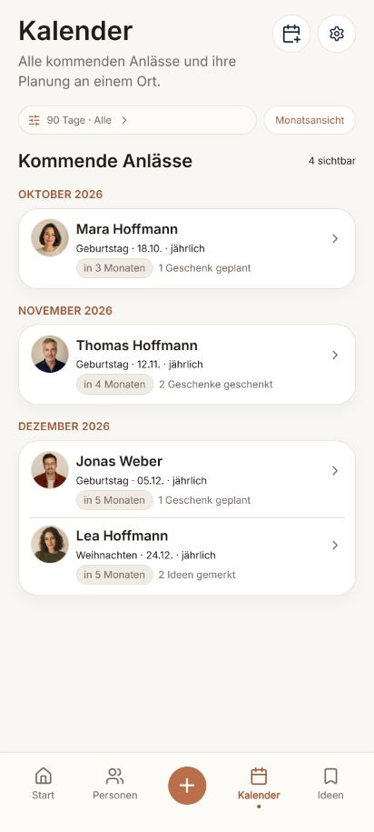 Kalender mit Maras Geburtstag und weiteren Anlässen