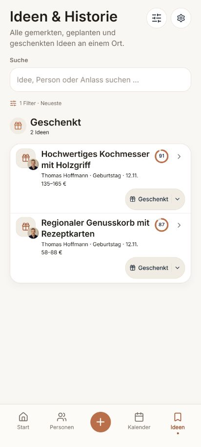 Geschenkverlauf mit früheren Ideen und Reaktionen