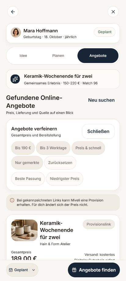 Angebotsvergleich mit geöffnetem Filter