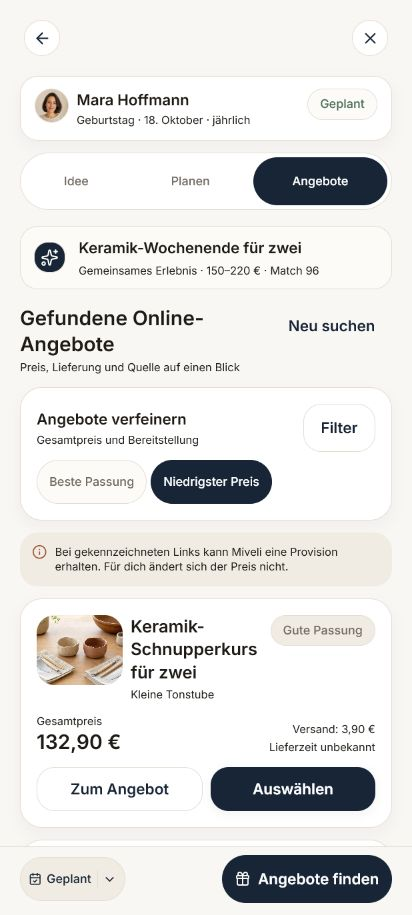 Synthetischer Angebotsvergleich nach Preis sortiert